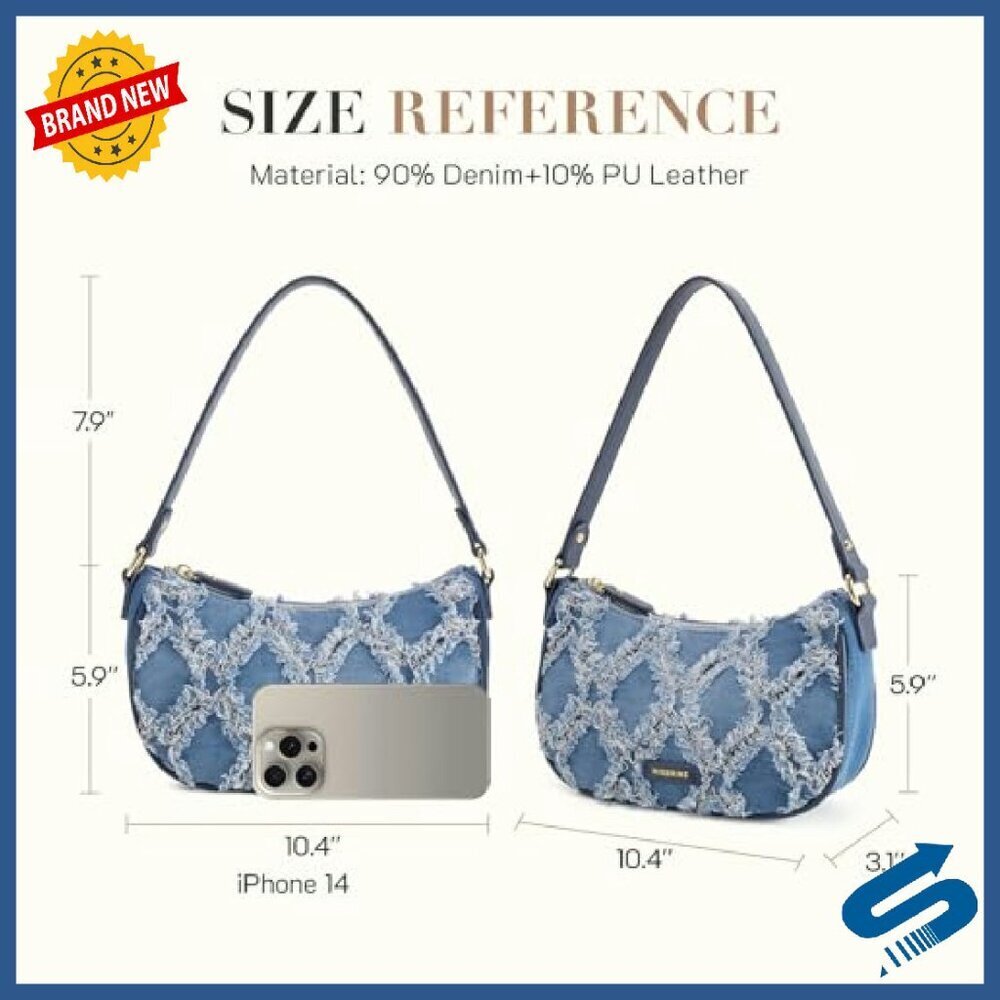 Distressed Denim Hobo Shoulder Bag with Adjustable Strap Mini Purse - Picture 6 of 8